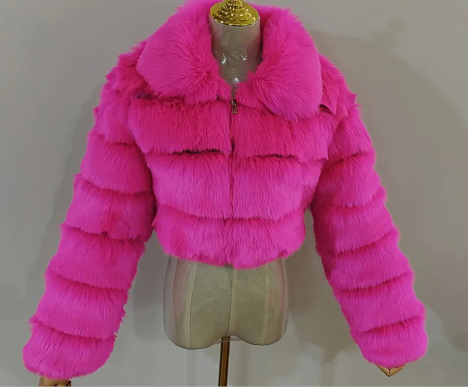 Faux Fur Women's Short Jacket with Lapel and Long Sleeves