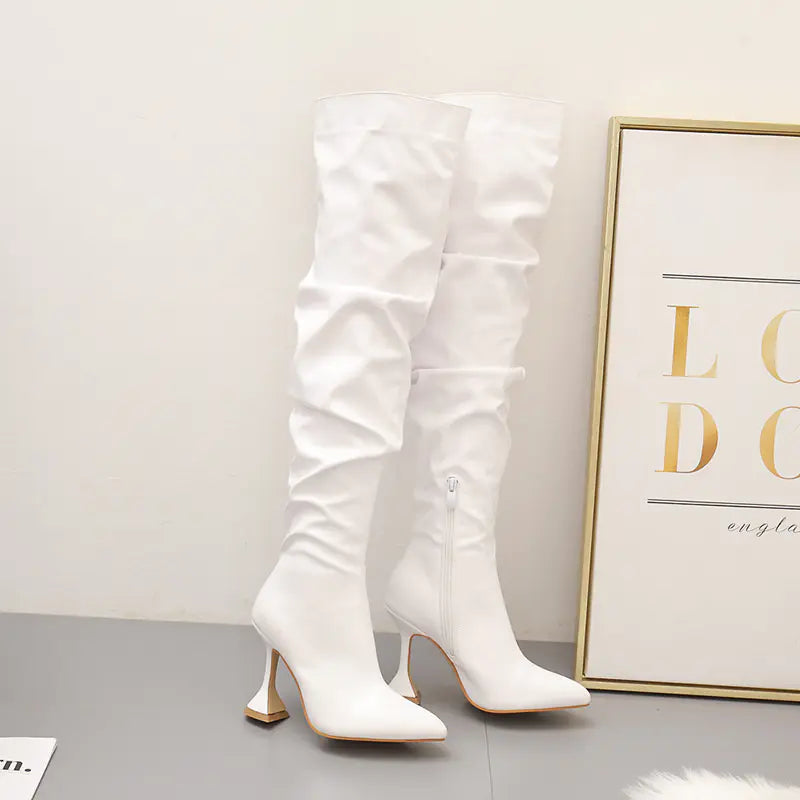 "Women's White Over-the-Knee Slim High Heel Boots"