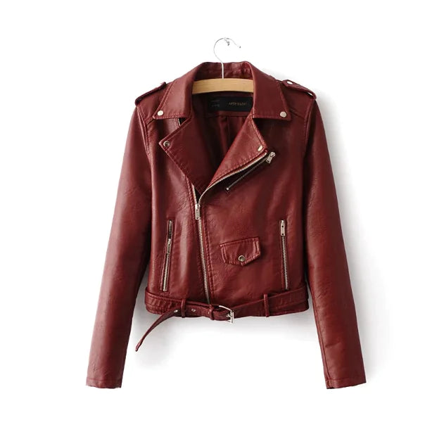 Women's Slim Fit Leather Jacket with Zipper