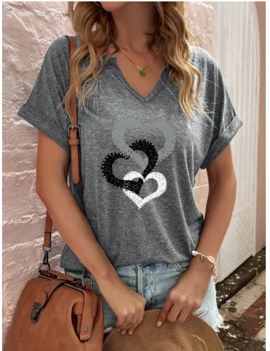Women's Loose V-Neck Love Print Short Sleeve T-Shirt