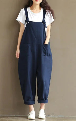 Artistic Deep Blue Cotton Strap Pants for Women