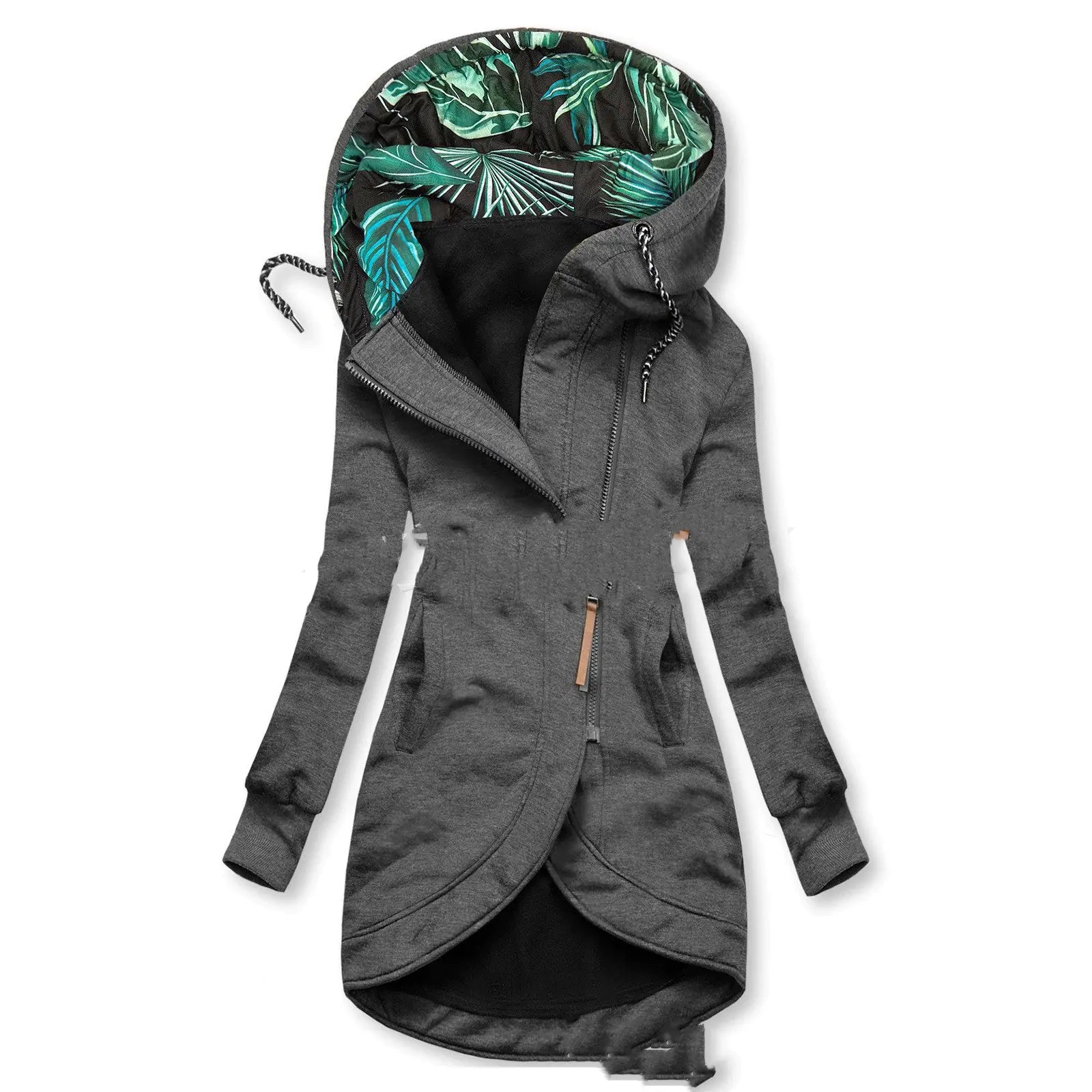 Solid Color Printed Hooded Long Sleeve Jacket