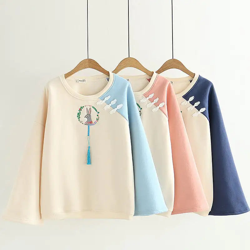 Japanese Cartoon Rabbit Embroidery Velvet Sweater