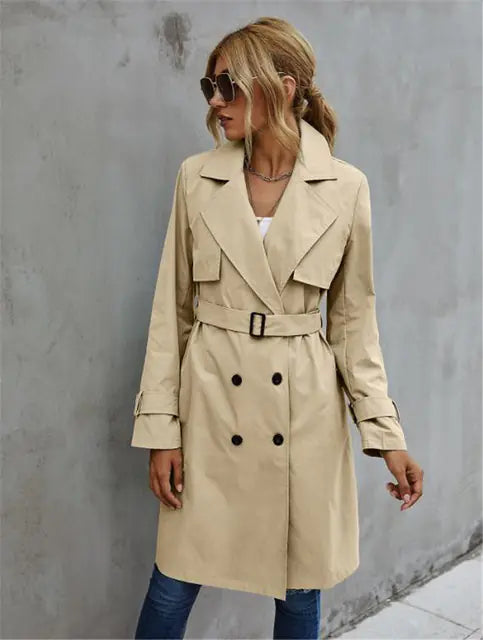 Elegant Women's Long Sleeve Double Breasted Trench Coat