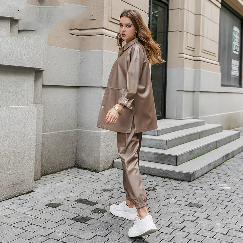 Brown Leather Jacket and Pants Set for Women