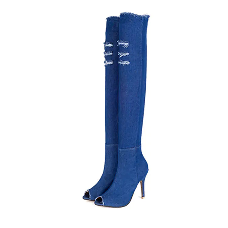 Botas de caña alta ajustadas de mezclilla con boca de pez