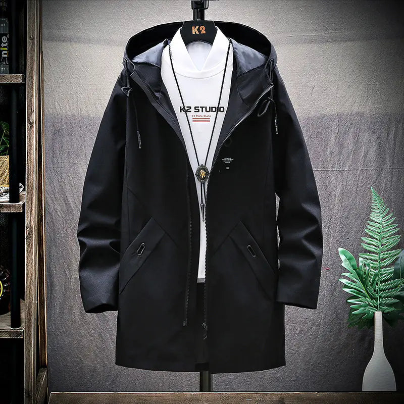 Men's Casual Mid-Length Loose Hooded Trench Coat