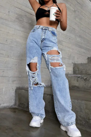 Women's Light Blue Distressed High Waist Denim Jeans