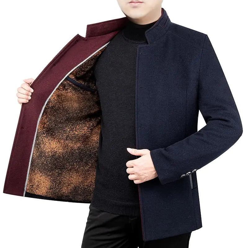 Men's Woolen Coat with Velvet Stand Collar for Fall/Winter