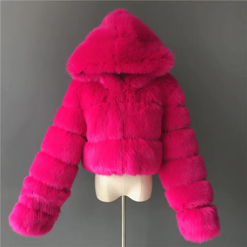Short Hooded Faux Fur Jacket for Women