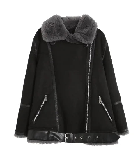 Thick Velvet Loose-fitting Lamb Hair Motorcycle Jacket
