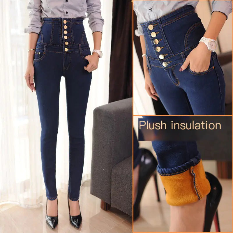 Warm Thickened Denim Pencil Pants for Women