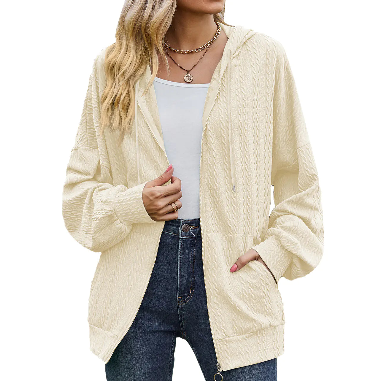 Women's Solid Color V-neck Zipper Sweater Coat