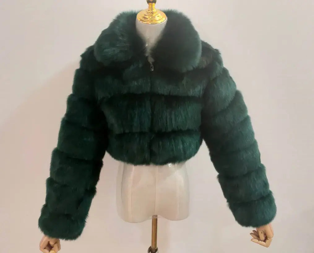 Faux Fur Women's Short Jacket with Lapel and Long Sleeves