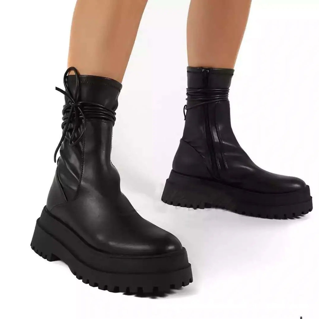 Damenstiefel mit runder Zehenpartie aus PU im britischen Stil zum Schnüren