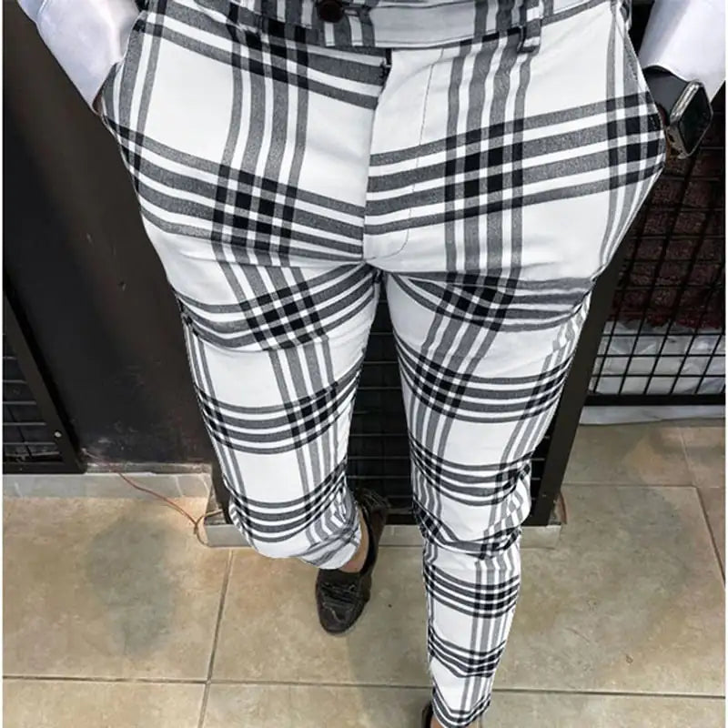 Men's Casual Pencil Pants with Large Plaid Stripes