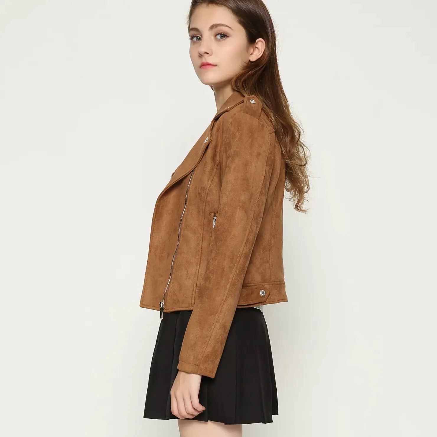 Short Women's Suede Jacket with Asymmetrical Zipper