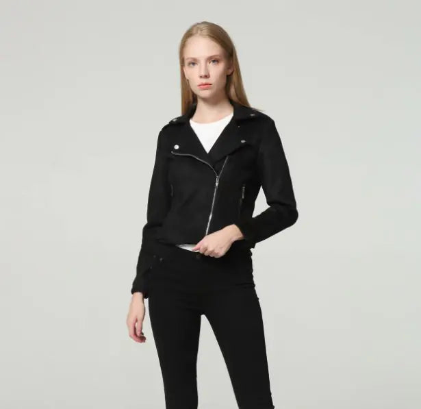 Short Women's Suede Jacket with Asymmetrical Zipper