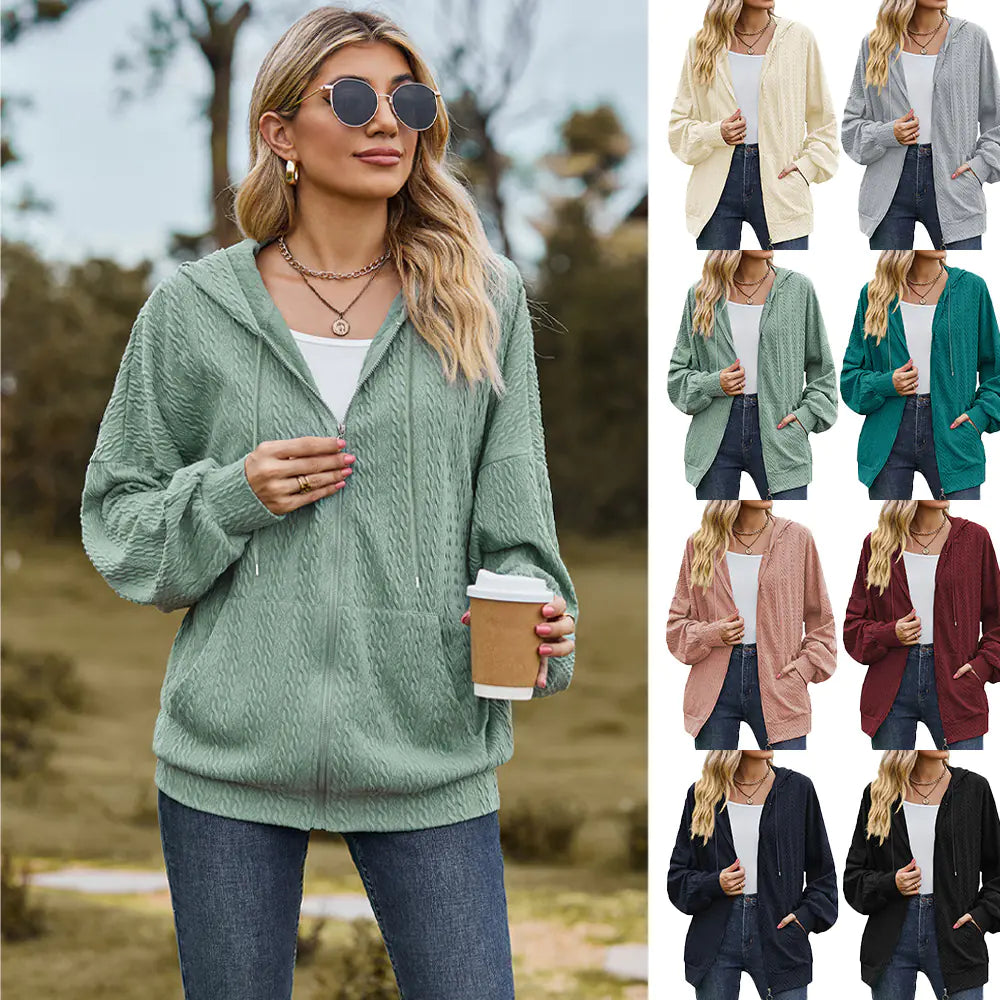 Women's Solid Color V-neck Zipper Sweater Coat