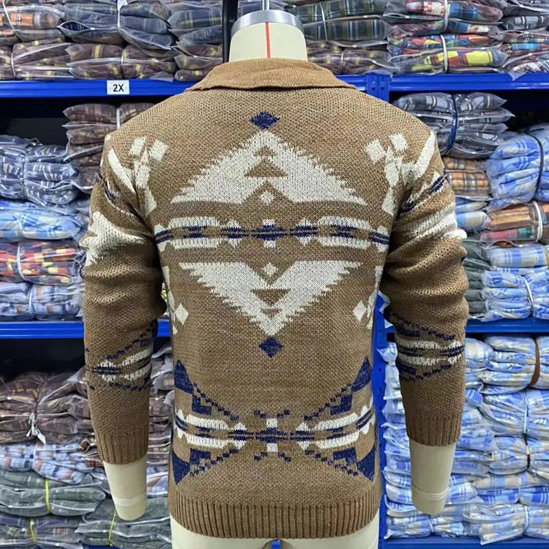 Wool Jacquard Long Sleeved Cardigan Sweater Coat