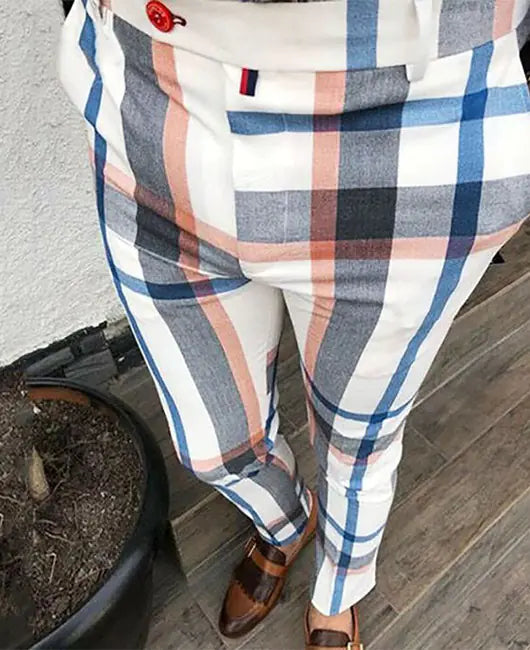 Men's Casual Plaid Print Slim Trousers
