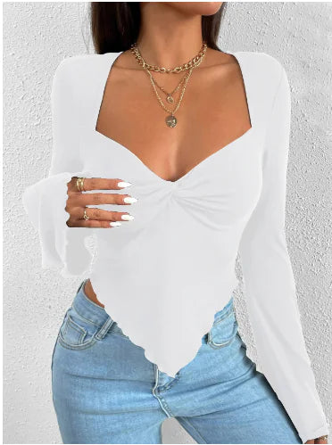 Irregular Knitted V-neck Long-sleeve Women's T-shirt
