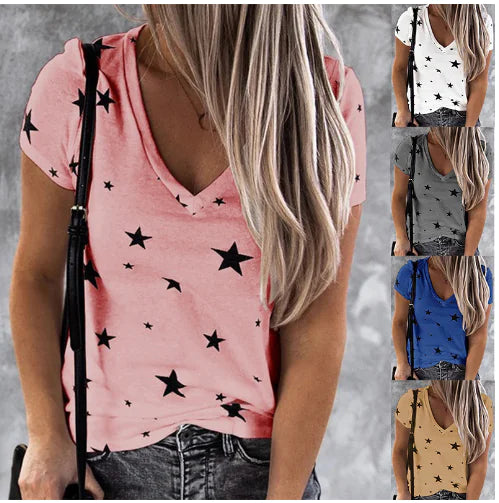 V-neck Digital Printed Star Women's Short Sleeve T-shirt