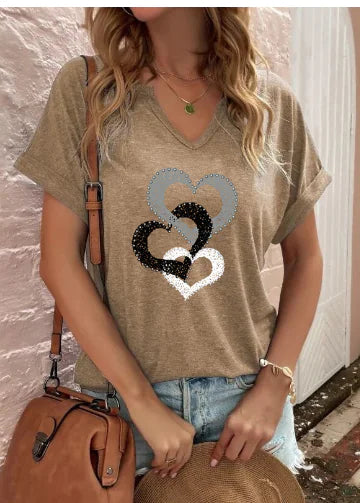 Women's Loose V-Neck Love Print Short Sleeve T-Shirt