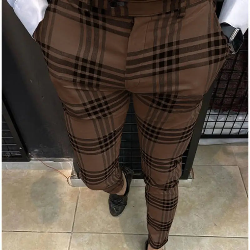 Men's Casual Pencil Pants with Large Plaid Stripes