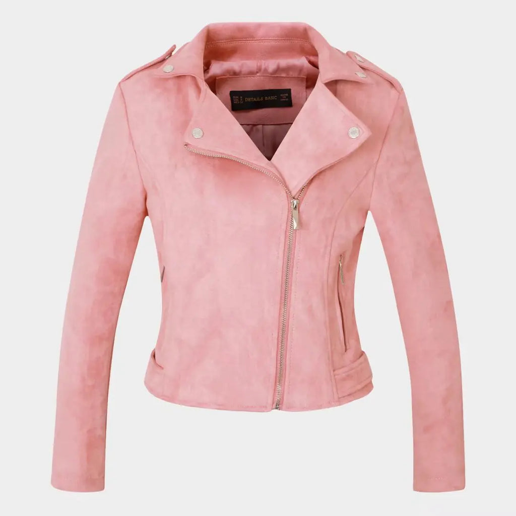 Short Women's Suede Jacket with Asymmetrical Zipper