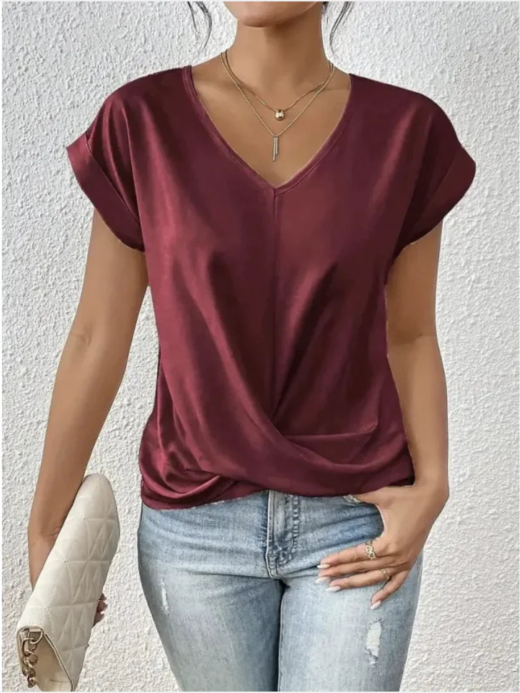 Damen V-Ausschnitt unregelmäßig geknotetes Kurzarm-T-Shirt