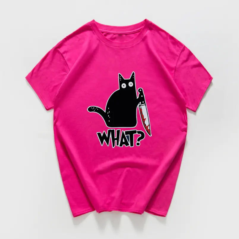 Funny Cat Knife Graphic T-Shirt for Students (Cotton)