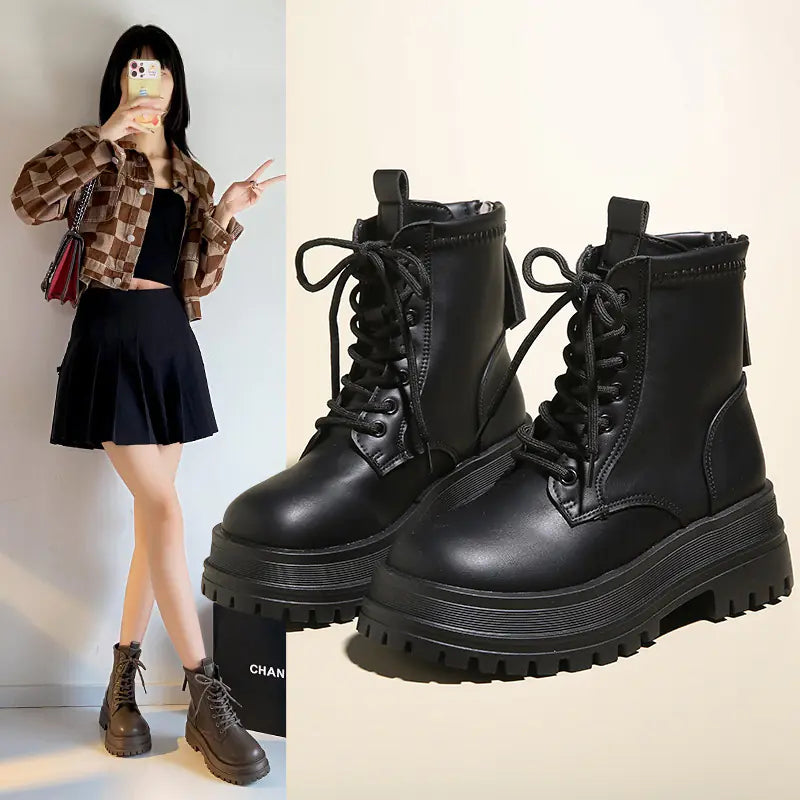 British Style Women's Thick-Soled Leather Boots