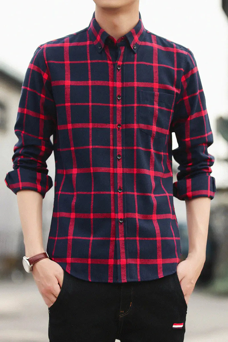 Men's Casual Slim Fit Cotton Plaid Long Sleeve Shirt