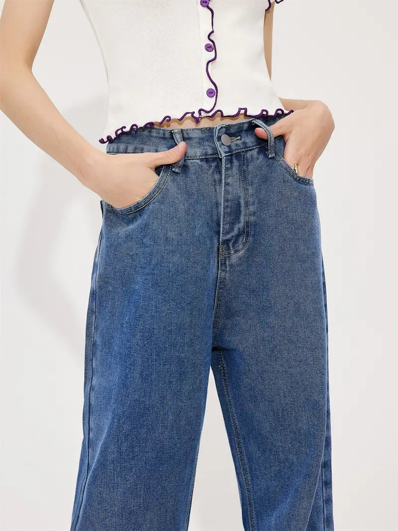 Butterfly Print High Waist Wide Leg Denim Jeans