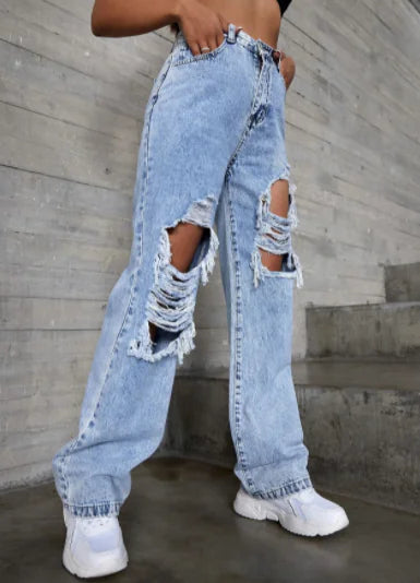 Women's Light Blue Distressed High Waist Denim Jeans
