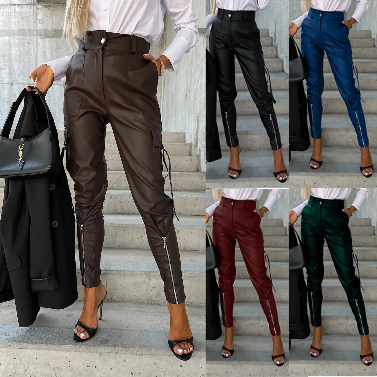 Slim PU Leather Waist Skinny Trousers with Pockets