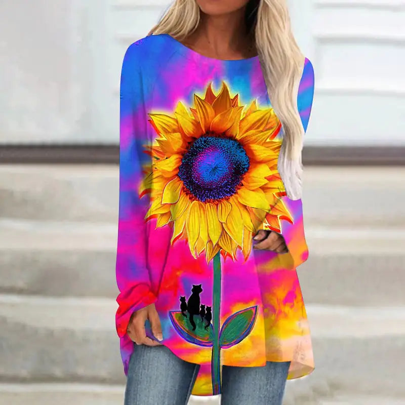 Women's Round Neck Sunflower T-shirt