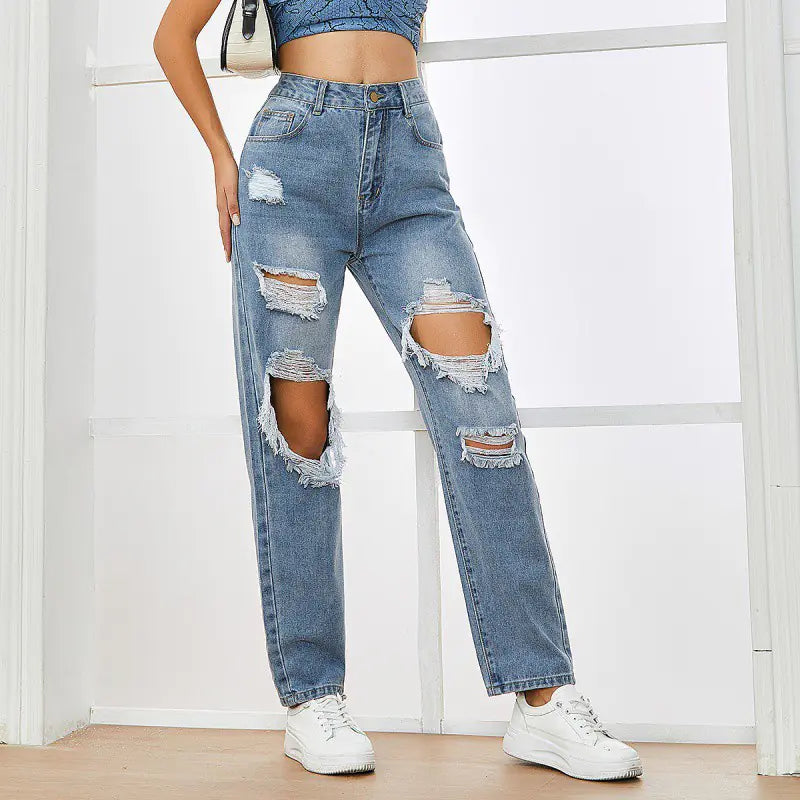 2023 Women's Distressed Straight Leg Denim Pants