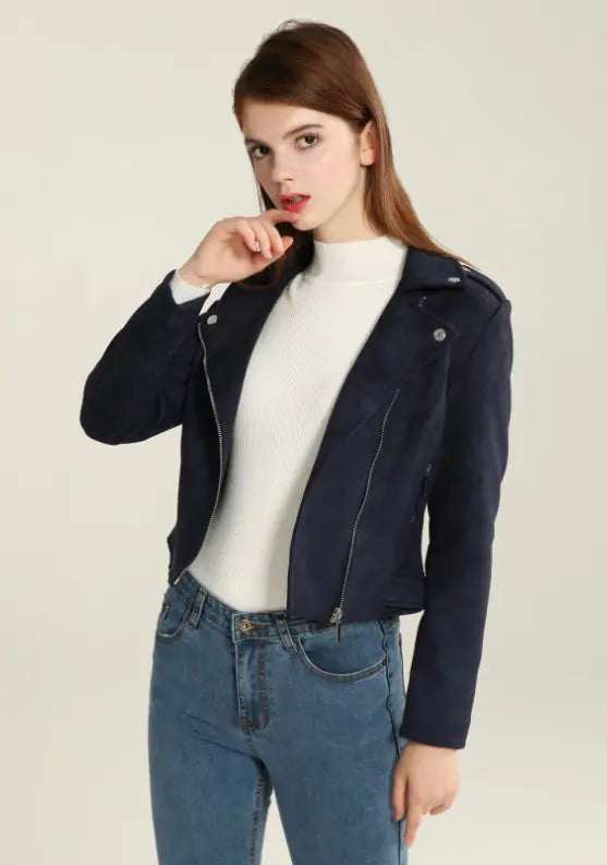 Short Women's Suede Jacket with Asymmetrical Zipper