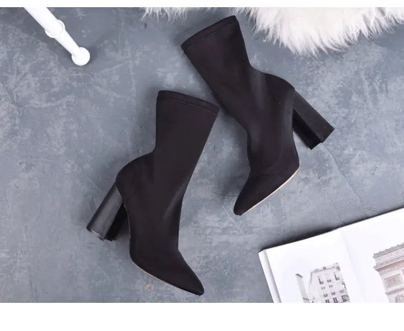 2019 Women's Pointed Toe Knit Ankle Boots with Heels