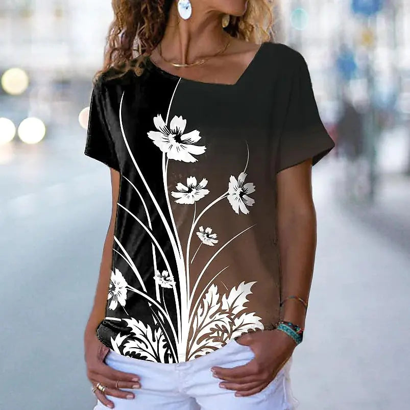 2023 Women's Casual 3D Floral Print Short Sleeve T-Shirt