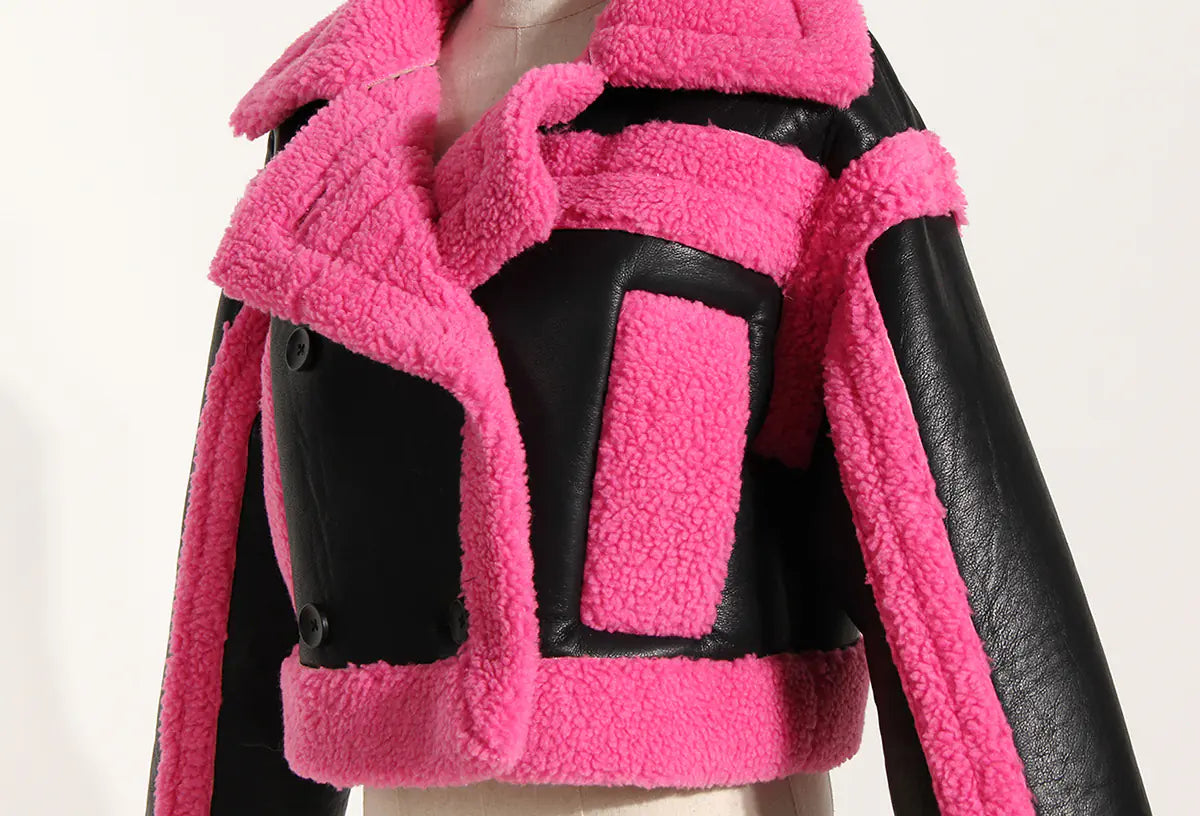 2023 New Pink Contrast Faux Fur Biker Jacket