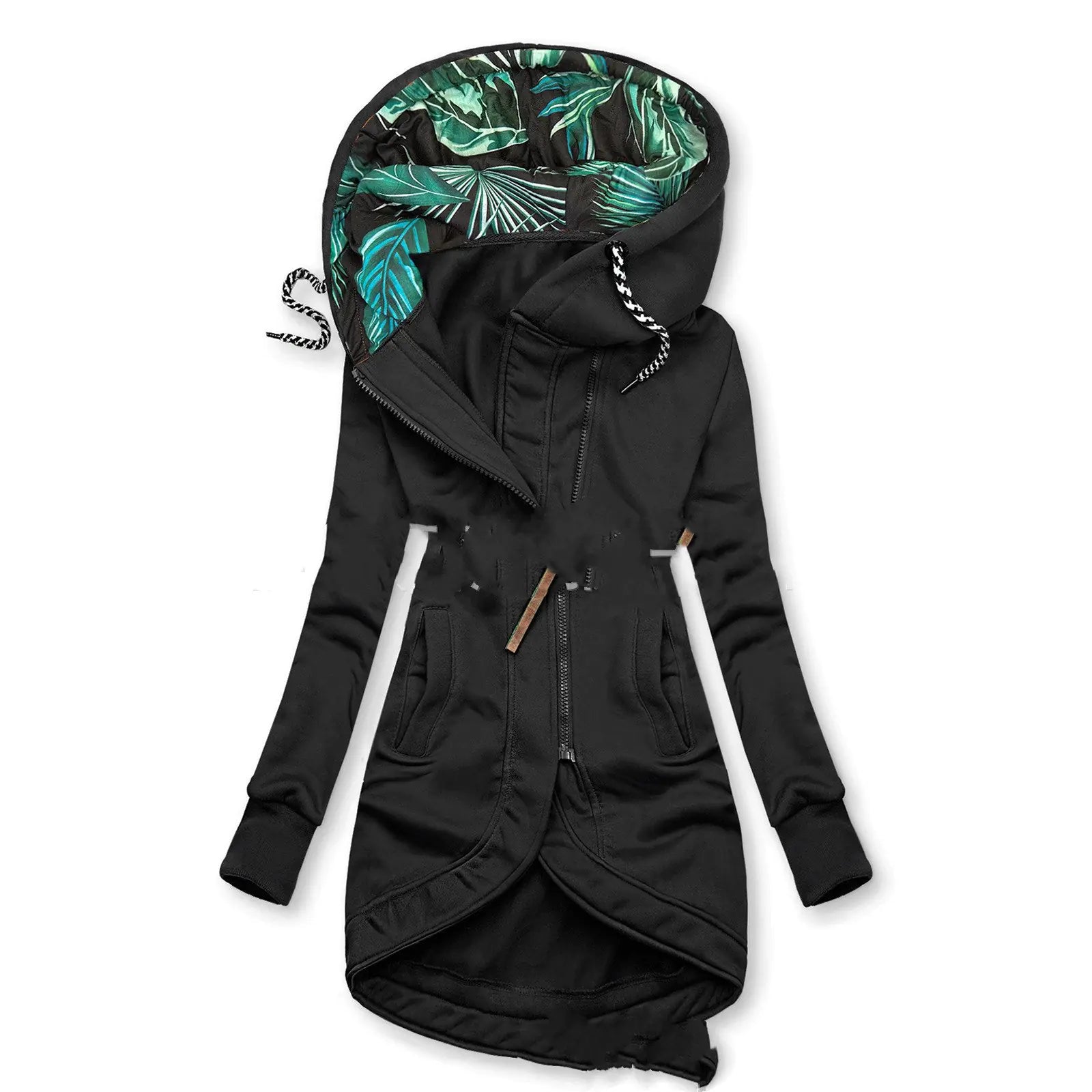 Solid Color Printed Hooded Long Sleeve Jacket