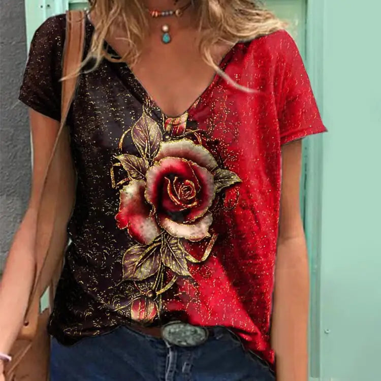 Summer V-neck 3D Rose Short-Sleeve Loose T-Shirt