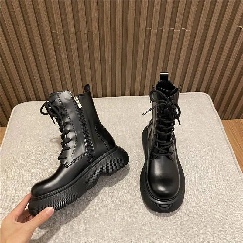 Black Lace-Up Ankle Boots in British Style